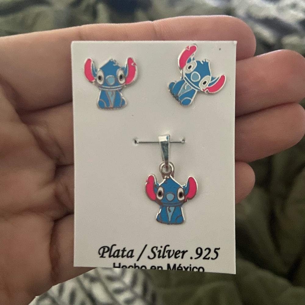 Blue and Pink Kids Character Earrings and Pendant Stitch set